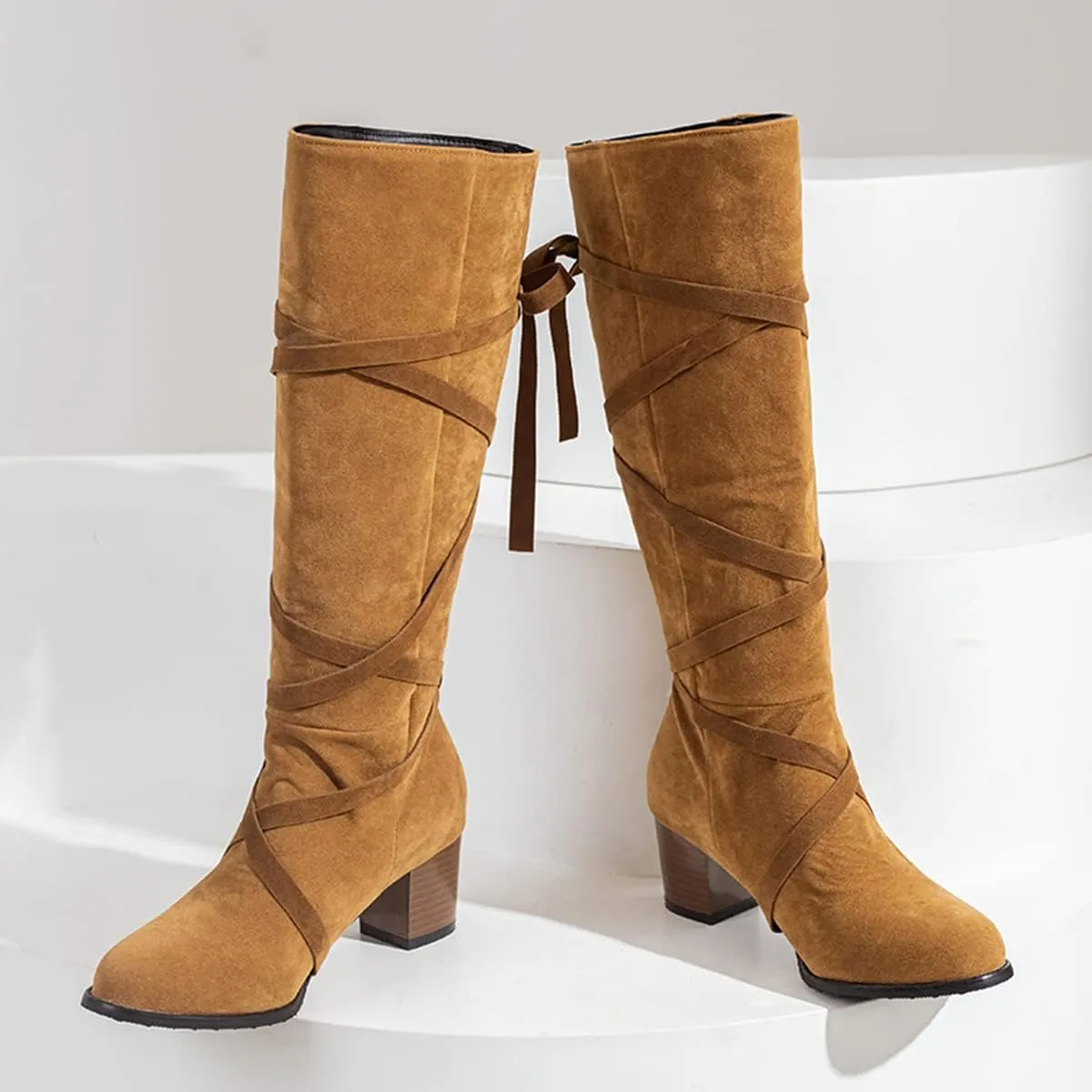 Women's Cross-tied Knee High Boots Chunky Heels Zipper Knee Boots Elegant Office Boots