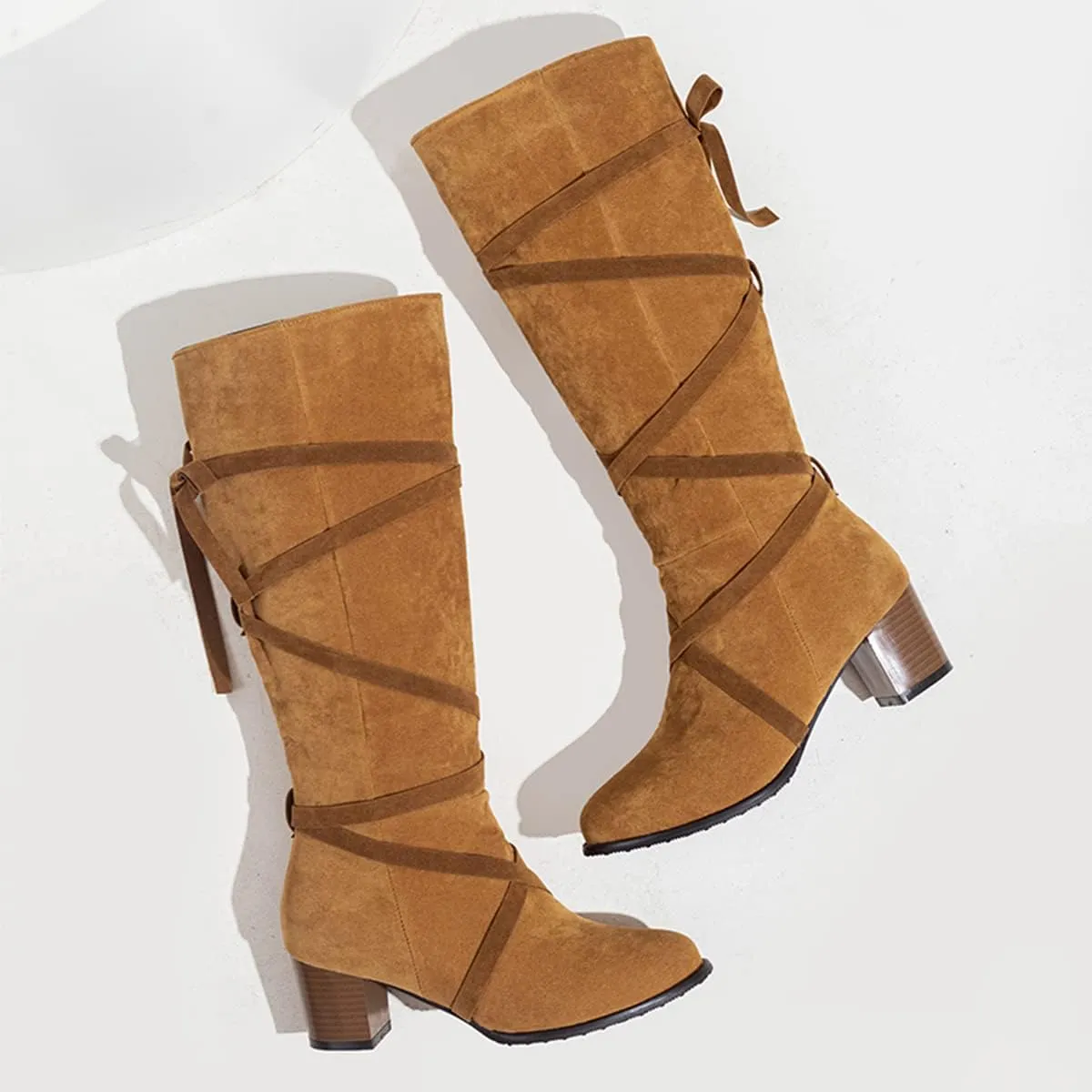 Women's Cross-tied Knee High Boots Chunky Heels Zipper Knee Boots Elegant Office Boots