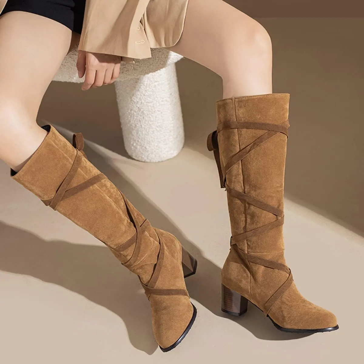 Women's Cross-tied Knee High Boots Chunky Heels Zipper Knee Boots Elegant Office Boots