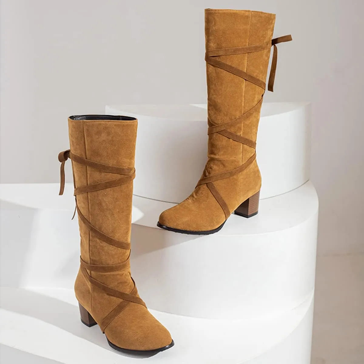 Women's Cross-tied Knee High Boots Chunky Heels Zipper Knee Boots Elegant Office Boots