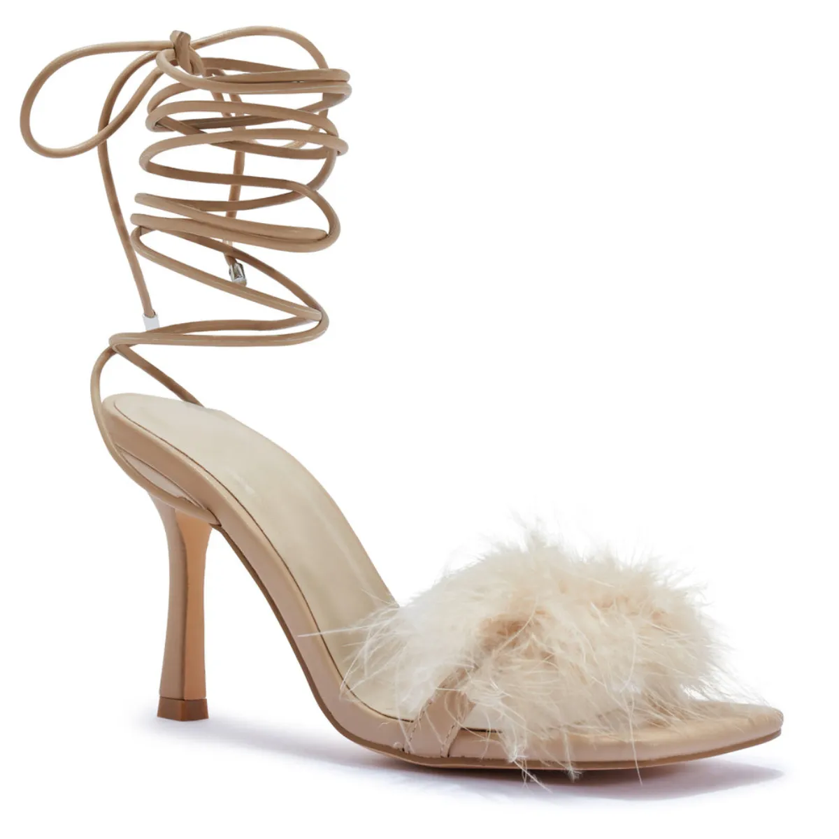ZAYNAH FAUX FUR FEATHER WRAP AROUND HEEL SANDAL
