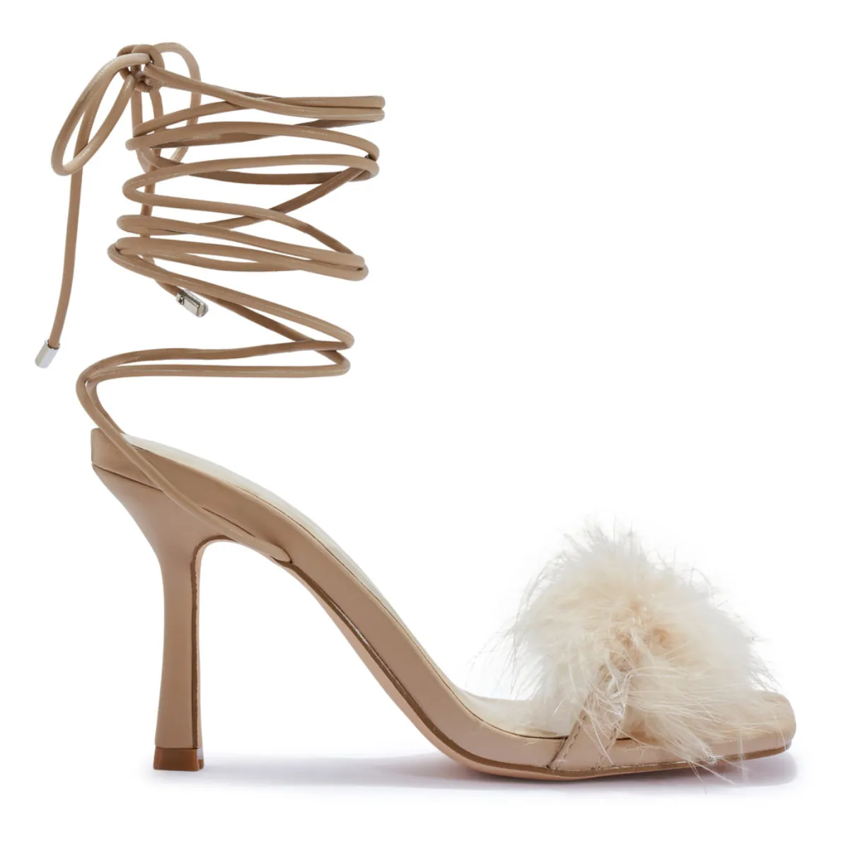 ZAYNAH FAUX FUR FEATHER WRAP AROUND HEEL SANDAL