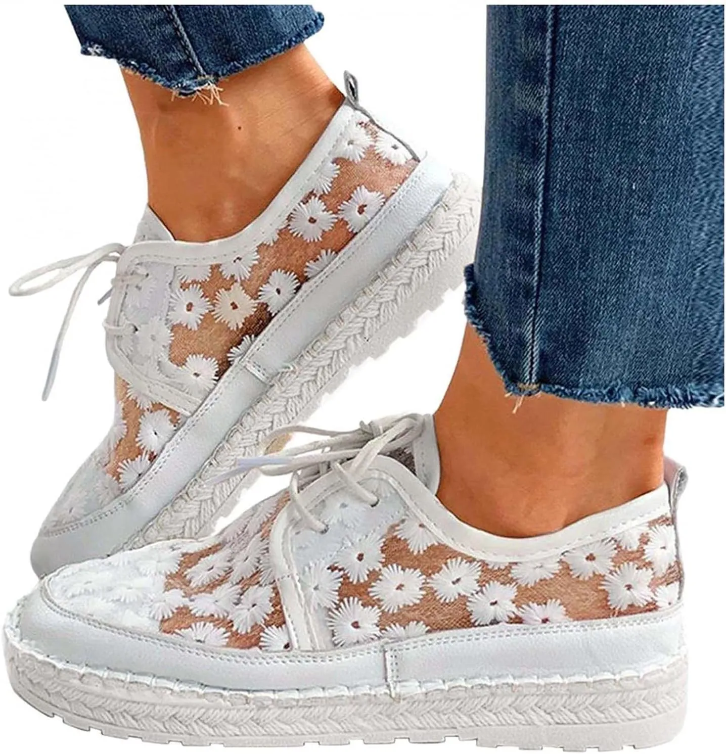 ZBYY Women's Fashion Canvas Sneakers Summer Slip on Mesh Floral Print Breathable Low Top Lace Up Casual Shoes